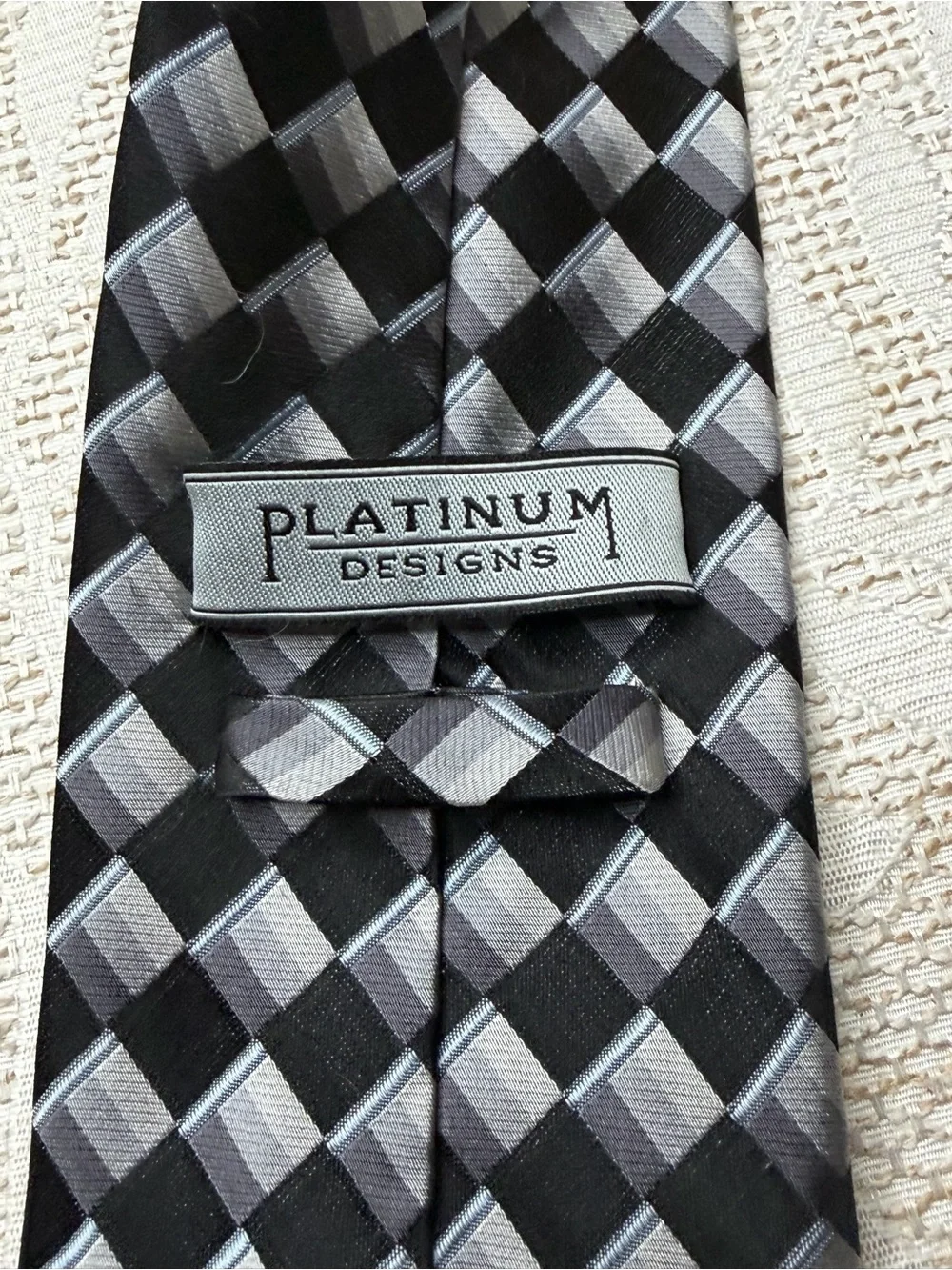 Platinum Designs Men's Tie in gray, black, and white handmade silk